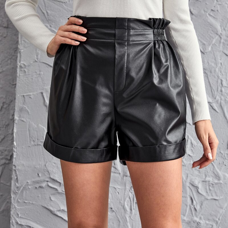 

Paperbag Waist Roll Hem PU Leather Shorts, Black