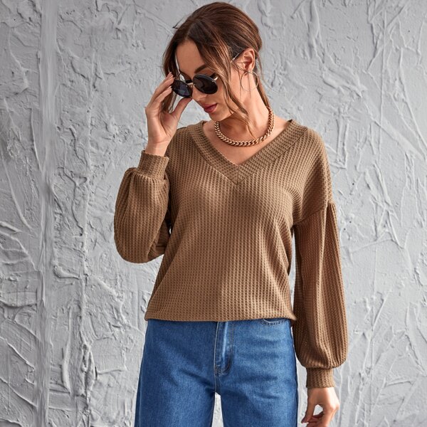 

Drop Shoulder Waffle Knit Tee, Mocha brown