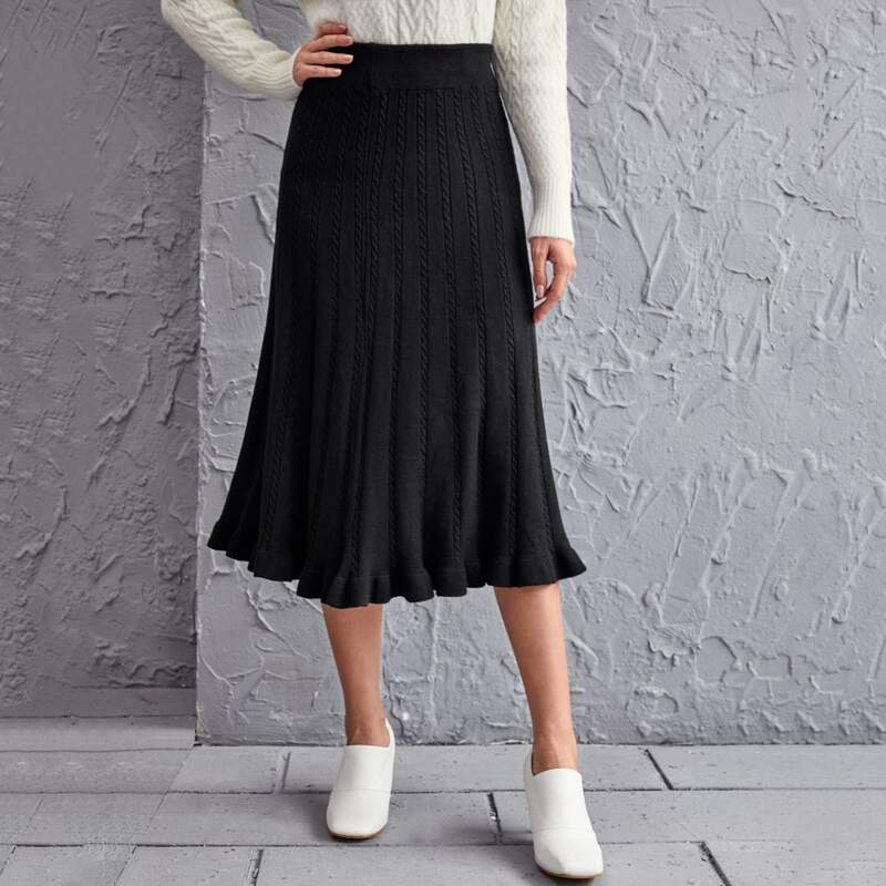 

High Waist Cable Knit Skirt, Black
