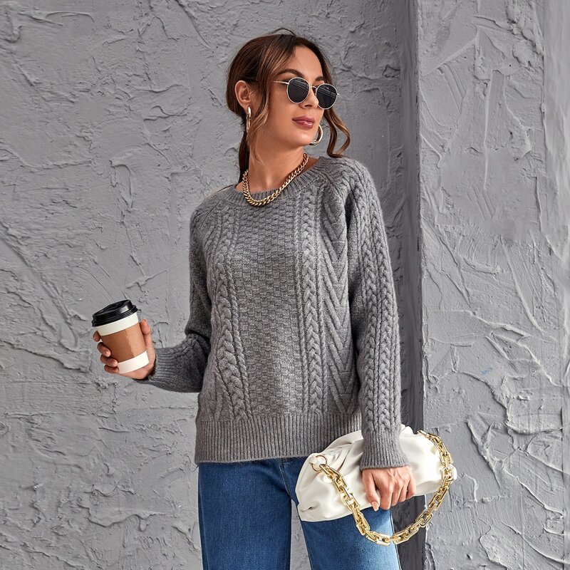 

Solid Cable Knit Sweater, Grey