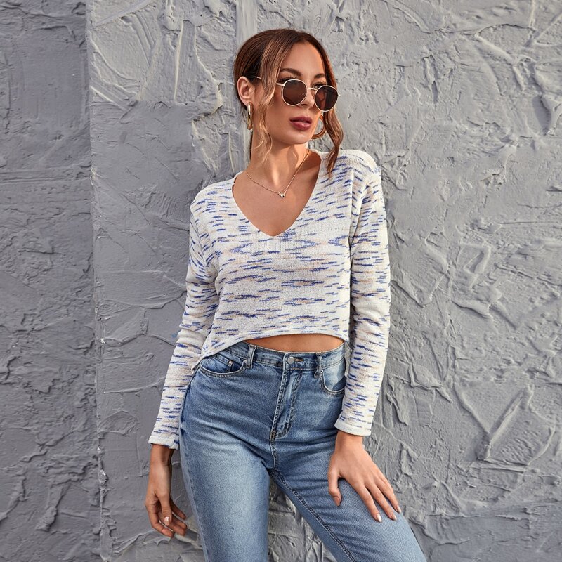 

Drop Shoulder Crop Sweater, Blue and white