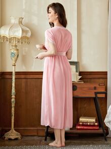 SHEIN 拼接蕾絲細節腰帶睡衣 - 淺粉色 - 查看 2