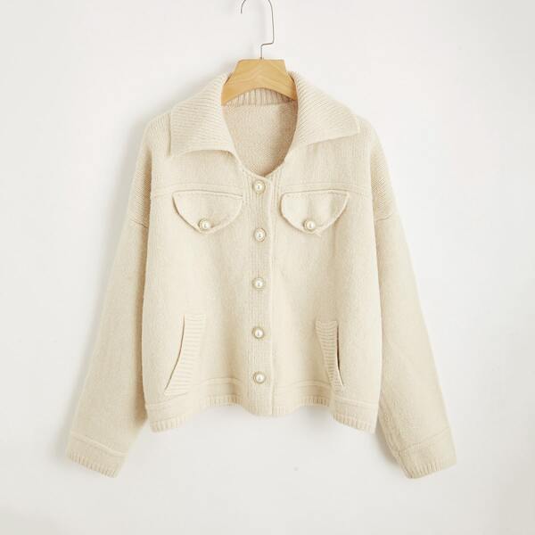 

Button Front Drop Shoulder Cardigan, Beige