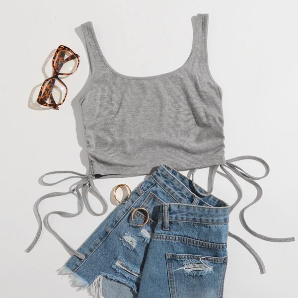

Drawstring Side Rib-knit Tank Top, Light grey