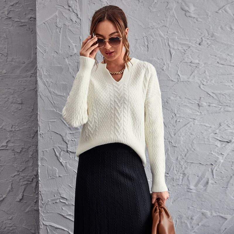 

Notch Neck Drop Shoulder Sweater, Beige