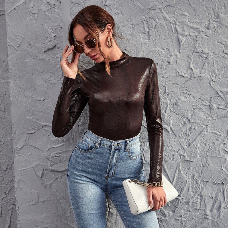 

Mock Neck PU Leather Tee, Chocolate brown