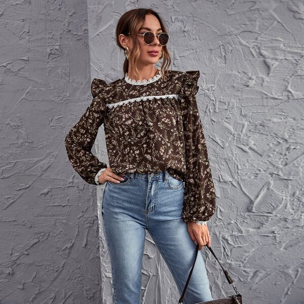 

Lace Scallop Trim Ditsy Floral Top, Chocolate brown