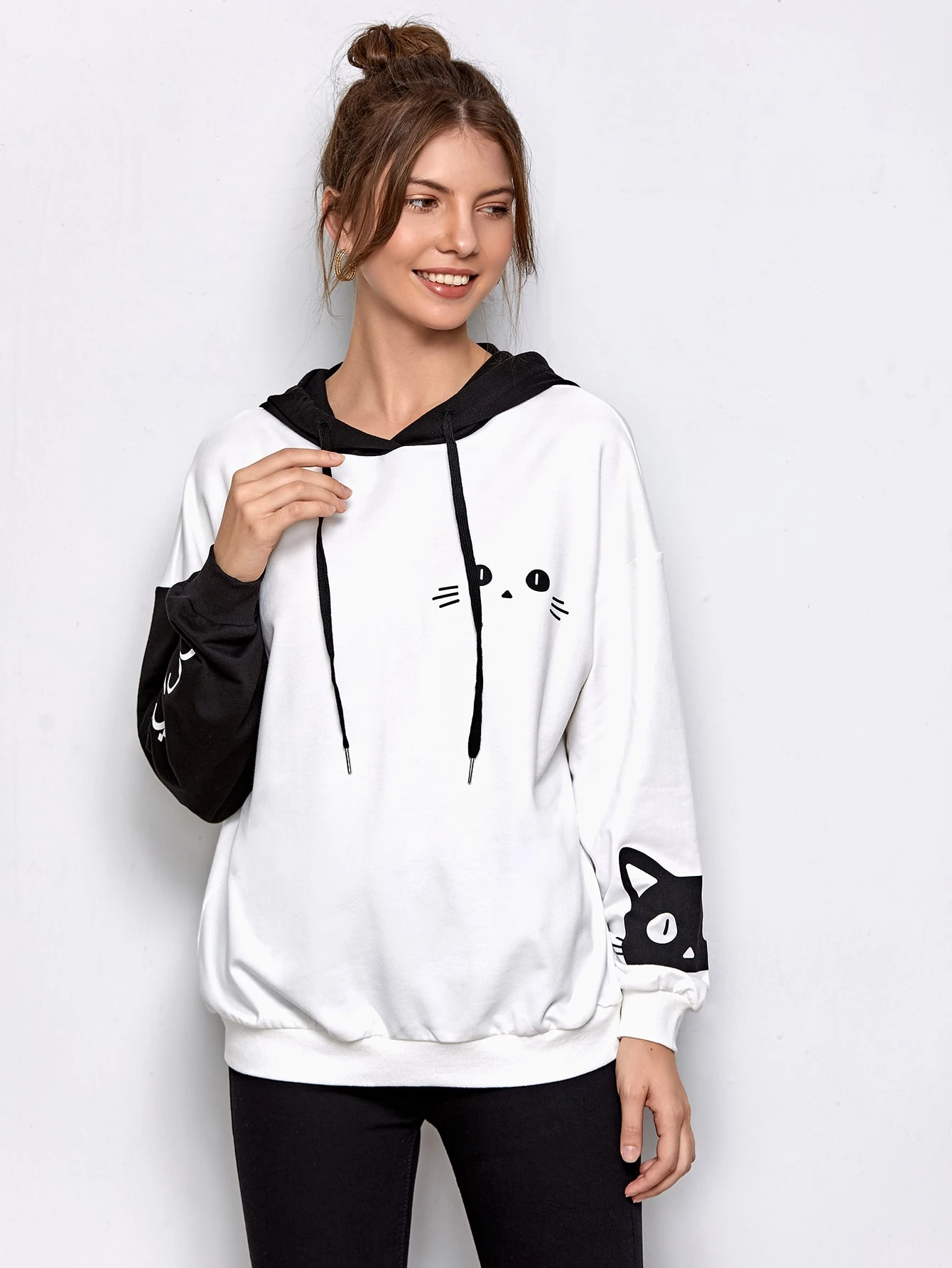 cartoon print drawstring hoodie