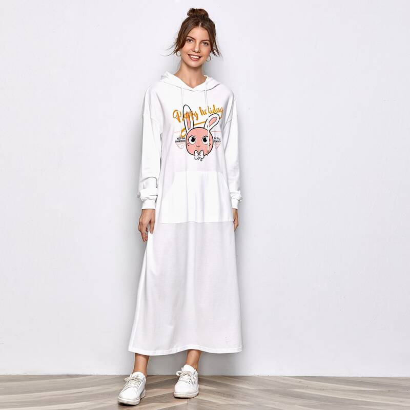 

Drop Shoulder Cartoon & Letter Print Drawstring Hooded Sweatshirt Dress, White