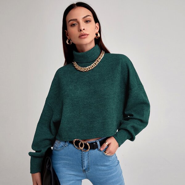 

Funnel Neck Drop Shoulder Crop Tee, Dark green