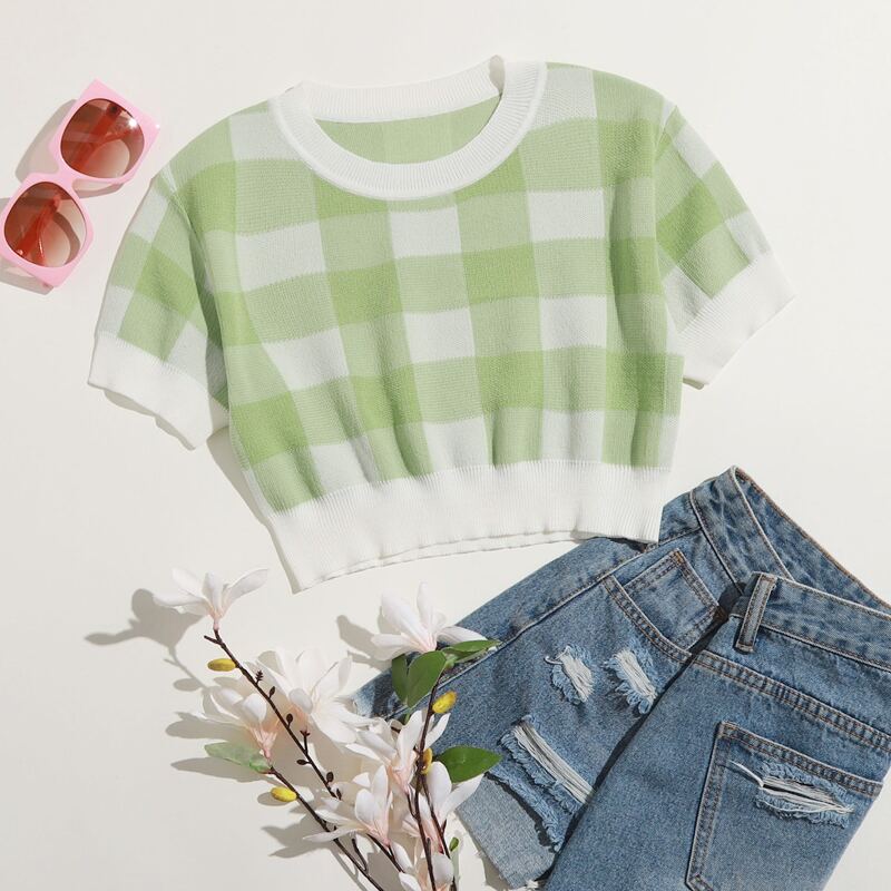 

Gingham Crop Knit Top, Green
