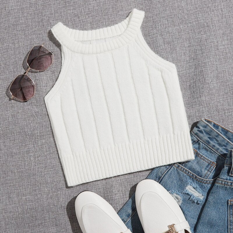 

Solid Rib Knit Top, White