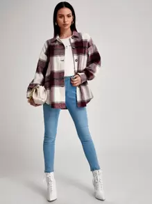 SHEIN LUNE Plaid Drop Shoulder Overshirt - Multicolor - View 3