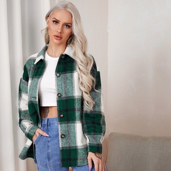 

Drop Shoulder Single Breasted Plaid Coat, Multicolor