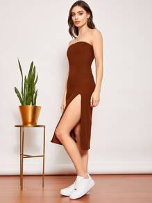SHEIN EZwear 開衩大腿抹胸連衣裙 - 鏽棕色 - 查看 3