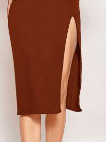 SHEIN EZwear 開衩大腿抹胸連衣裙 - 鏽棕色 - 查看 4