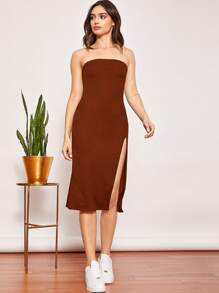 SHEIN EZwear 開衩大腿抹胸連衣裙 - 鏽棕色 - 查看 5