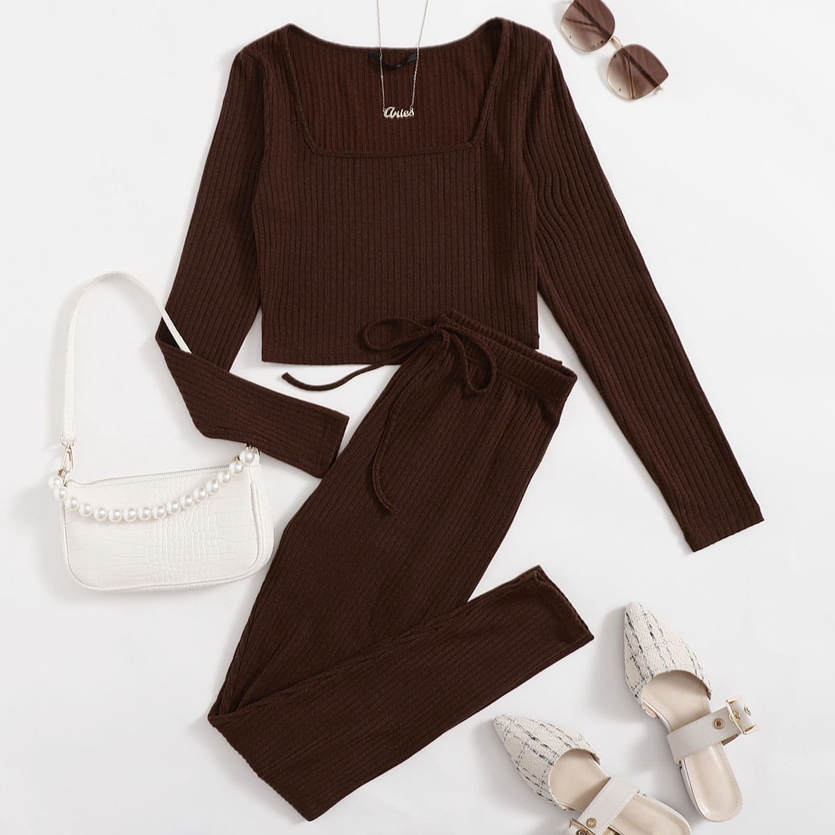 

Square Neck Rib-knit Top & Knot Waist Leggings Set, Chocolate brown