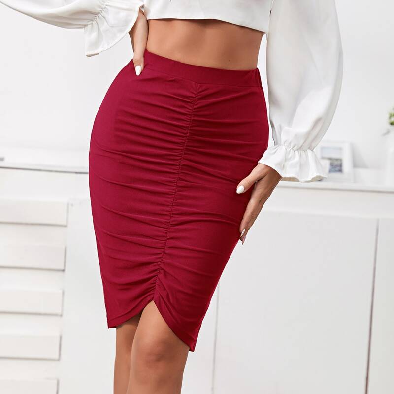

Ruched Asymmetrical Hem Skirt, Burgundy