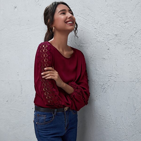 

Guipure Lace Insert Lantern Sleeve Top, Maroon