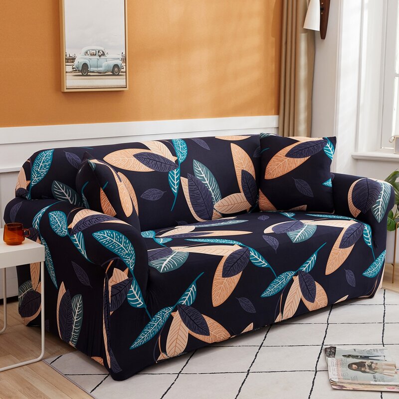

Leaf Print Stretchy Sofa Cover & 1pc Cushion Cover, Navy blue