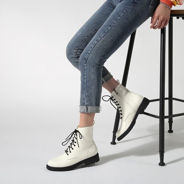 

Croc Embossed Lace-up Front Combat Boots, White