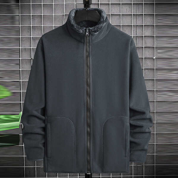 

Men Flannel Lined Zip Up Jacket, Dark grey