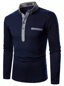 Manfinity Homme Áo thun có cổ Nam Nút Giải trí - Màu xanh hải quân - Xem 1