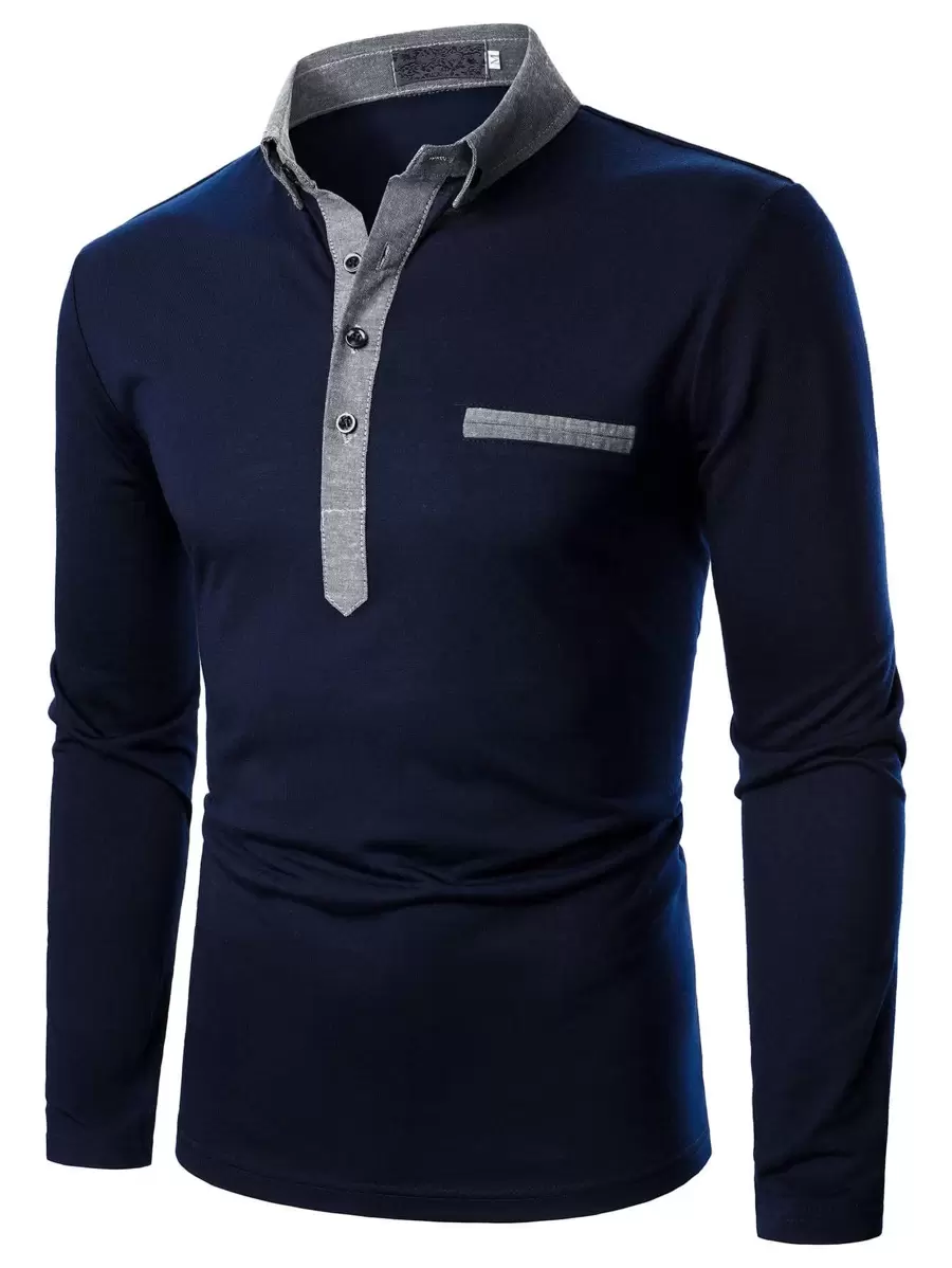 Manfinity Homme Áo thun có cổ Nam Nút Giải trí - Màu xanh hải quân - Xem 1