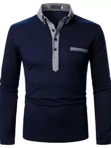 Manfinity Homme Áo thun có cổ Nam Nút Giải trí - Màu xanh hải quân - Xem 3