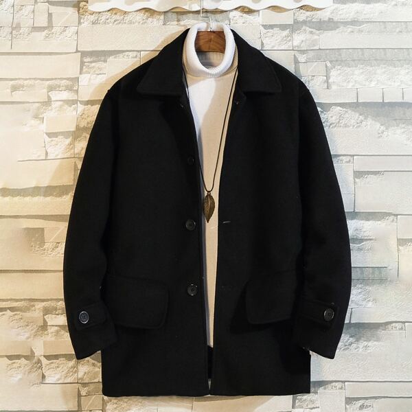 

Men Single Breasted Wool-mix Fabric Coat, Black