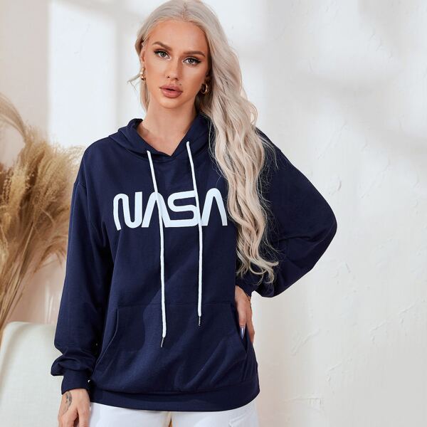 

Pouch Pocket Drawstring Detail Letter Graphic Hoodie, Navy blue
