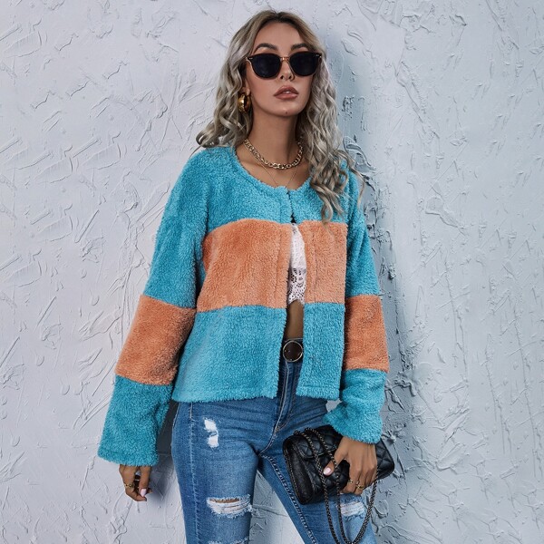 

Open Front Color Block Teddy Jacket, Multicolor
