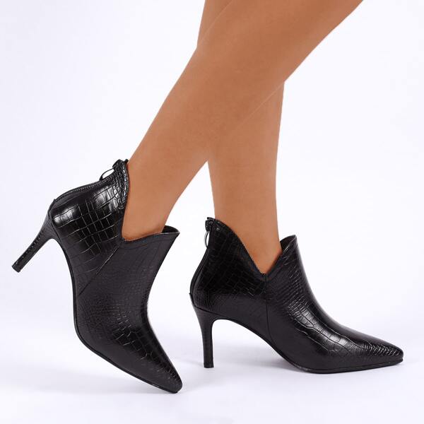 

Point Toe Croc Embossed V-cut Stiletto Ankle Boots, Black