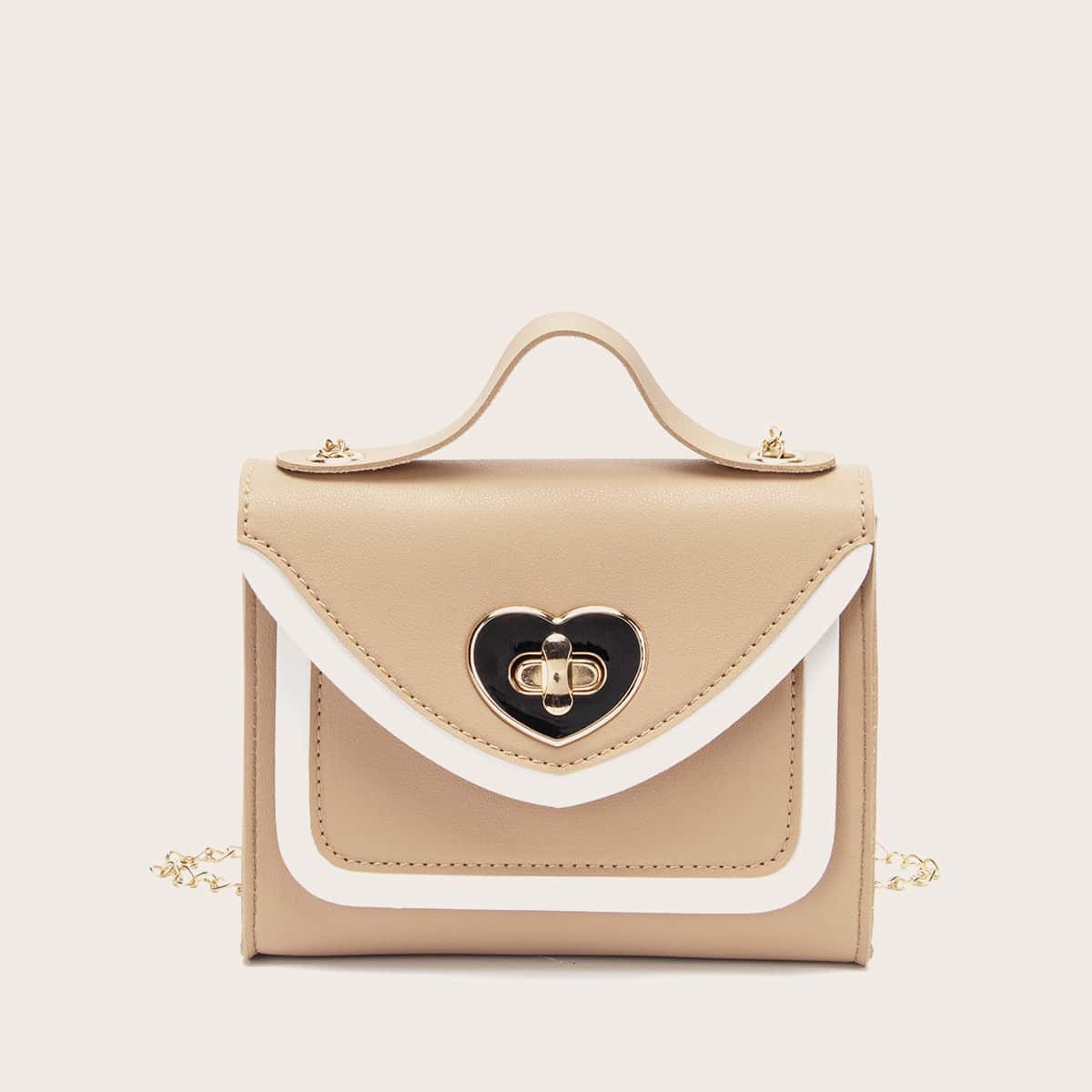 

Turn-Lock Contrast Piping Satchel Bag, Khaki