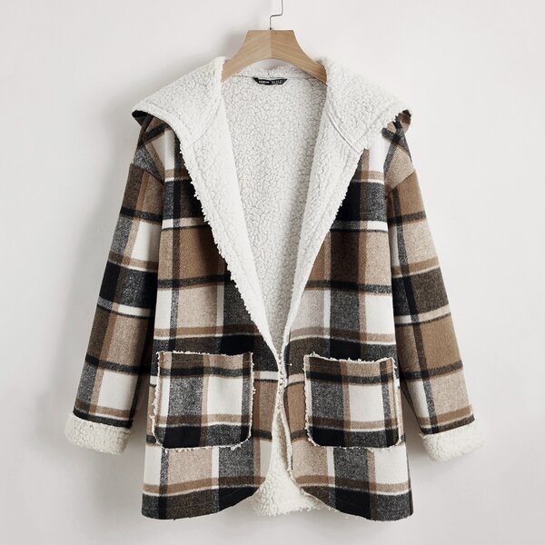 

Pocket Front Plaid Hooded Coat, Multicolor