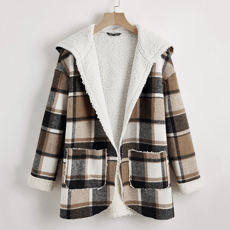 

Pocket Front Plaid Hooded Coat, Multicolor