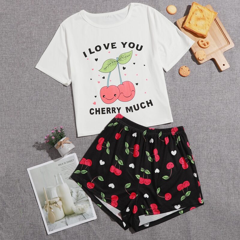 

Cherry And Slogan Graphic PJ Set, Black and white