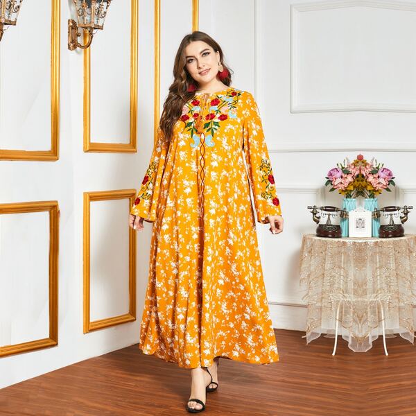 

Plus Floral And Paisley Embroidery Tie Neck Dress, Mustard yellow