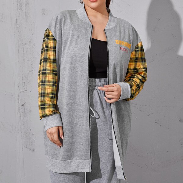 

Plus Contrast Tartan Sleeve Zipper Up Sweatshirt, Grey