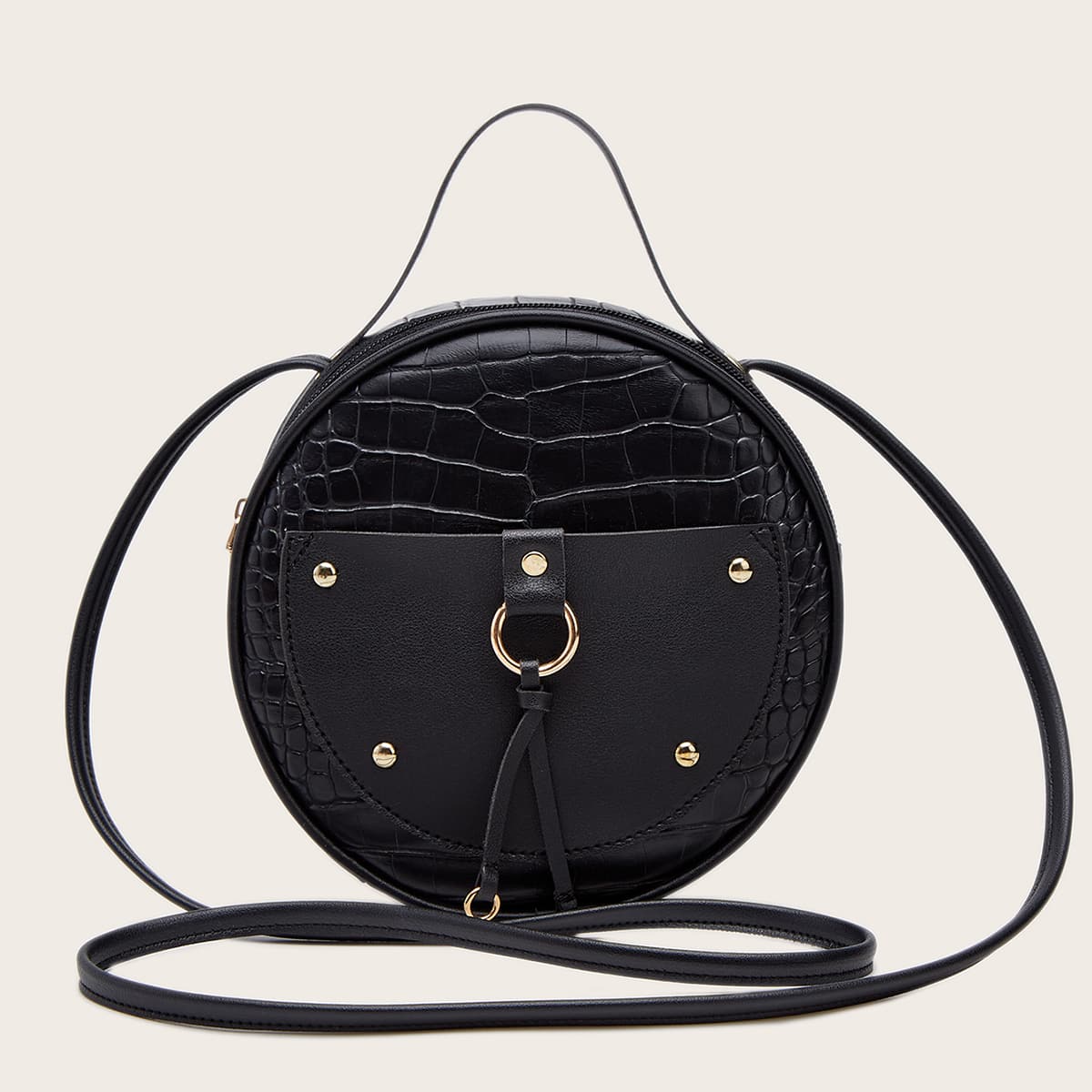 

Croc Embossed Circle Satchel Bag, Black