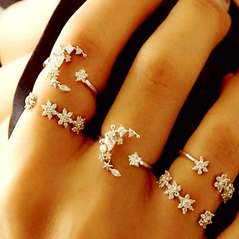 

5pcs Rhinestone Moon & Floral Ring, Silver