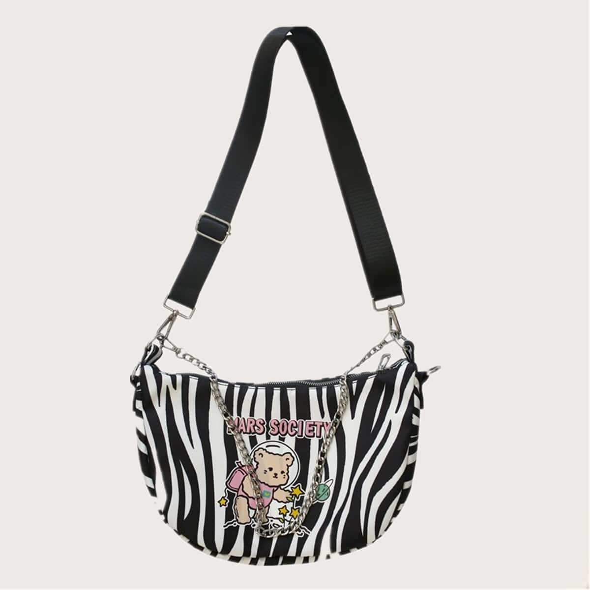 

Zebra Striped & Bear Print Crossbody Bag, Black and white
