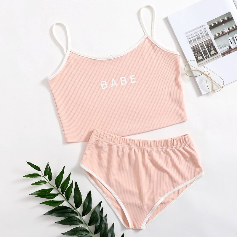 

Letter Graphic Rib Lingerie Set, Pink