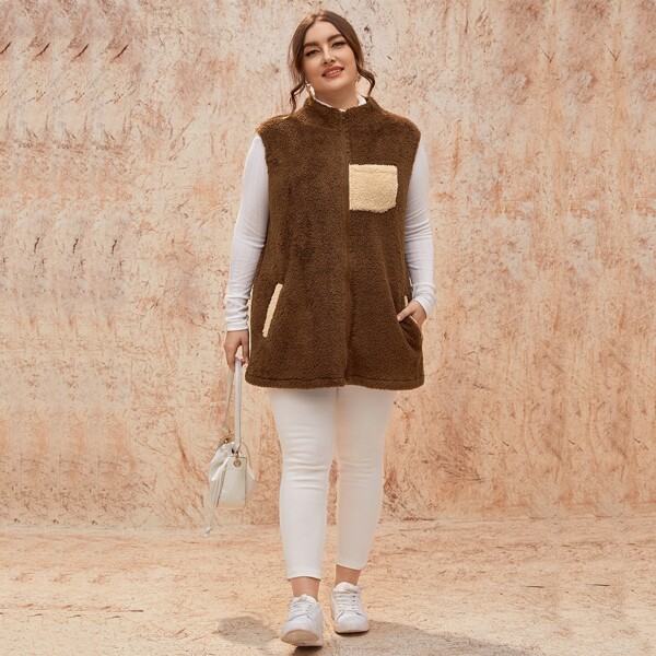 

Plus Zip Up Teddy Gilet, Brown