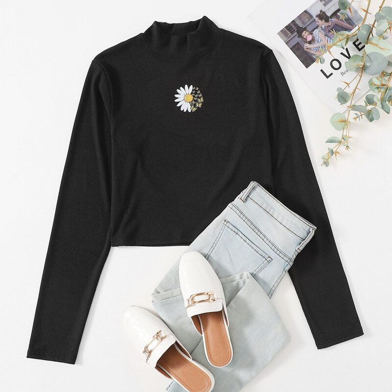 

Flower & Butterfly Graphic Ribbed Tee, Black