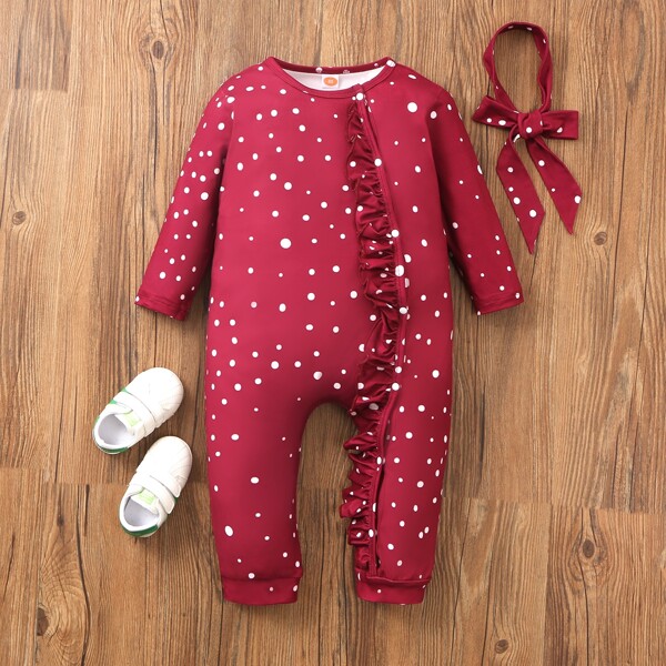 

Baby Girl Polka Dot Ruffle Trim Jumpsuit With Headband, Burgundy
