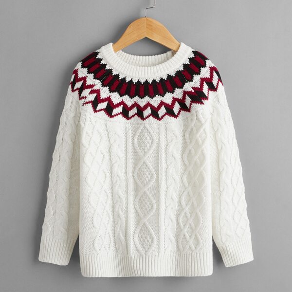 

Boys Mixed Knit Fair Isle Pattern Sweater, White