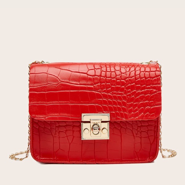 

Croc Embossed Flap Chain Bag, Red