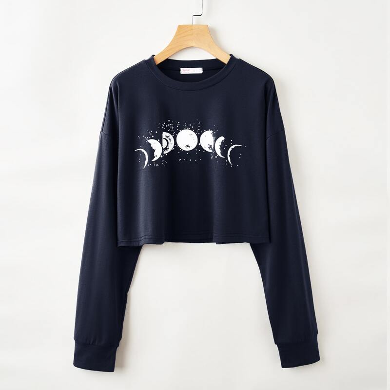 

Moon Graphic Oversized Crop Tee, Navy blue